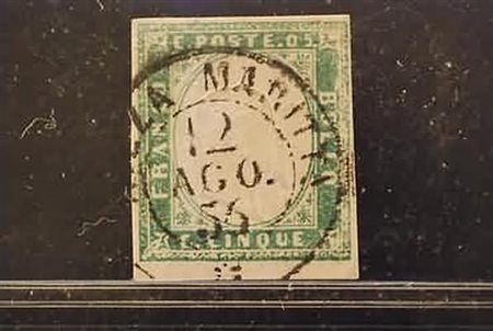 REGNO DI SARDEGNA - 1856, 5 c. verde smeraldo giallastro (13e) di...