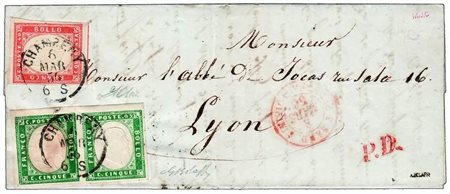 REGNO DI SARDEGNA - 1856, 5 c.verde smeraldo scuro (13f) coppia + 40 c....