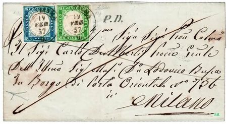REGNO DI SARDEGNA - 1857, 5 c. verde smeraldo grigiastro + 20 c. cobalto...