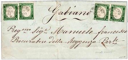 REGNO DI SARDEGNA - 1857, 5 c.verde mirto (13A) due coppie su lettera da...