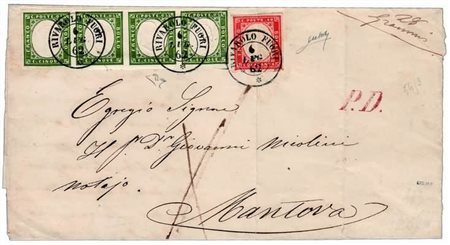 REGNO DI SARDEGNA - 1862, 5 c.verde bronzo (13Dd) in striscia di quattro + 40...