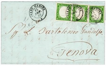 REGNO DI SARDEGNA - 1863, 5 c. verde cupo (13E) tre esemplari su lettera da...