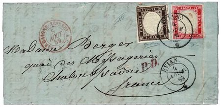 REGNO DI SARDEGNA - 1859, 10 c. bruno giallastro (14Aa) + 40 c. rosso...