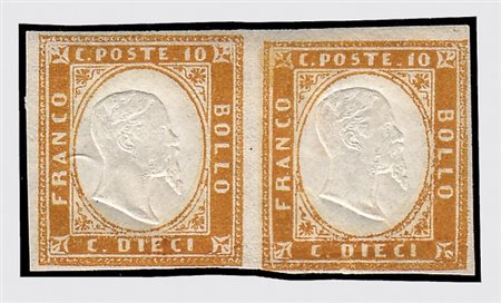 REGNO DI SARDEGNA - 1862, 10 c. giallo ocra (14Dd) nuovo in coppia...