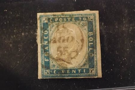 REGNO DI SARDEGNA - 1855, 20 c. cobalto (15) con annullo del 18/8/55.(USATO)