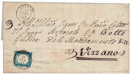 REGNO DI SARDEGNA - 1857, 20 c. cobalto latteo vivace (15d) a filo a destra...