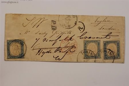 REGNO DI SARDEGNA - 1861, 20 c. celeste grigiastro (15Db) 3 esemplari su...
