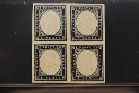 REGNO DI SARDEGNA - 1862, 20 c.indaco (15E) in blocco di quattro, di ottima...