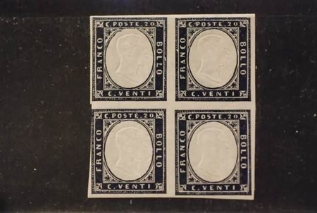 REGNO DI SARDEGNA - 1862, 20 c. indaco (15E) fresco blocco di quattro. (Em....
