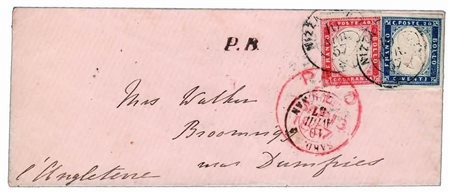 REGNO DI SARDEGNA - 1857, 20 c. azzurro grigiastro (15A) + 40 c. vermiglio...