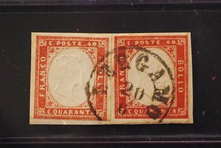 REGNO DI SARDEGNA - 1860, 40 c. rosso carminato (16Bb) + 40 c. rosso (16C) su...