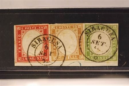 REGNO DI SARDEGNA - 1863, 5 c. + 10 c. + 40 c. (13Db+14E+16D) affrancatura...