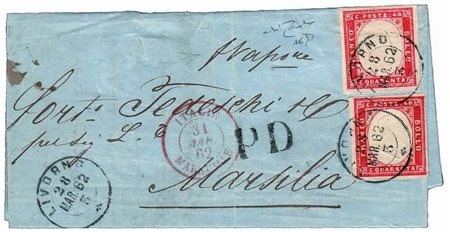 REGNO DI SARDEGNA - 1862, 40 c. rosso carminio (16D) 2 esemplari su lettera...