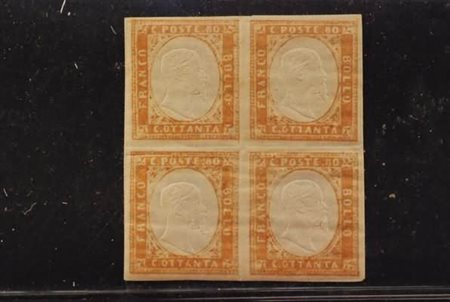 REGNO DI SARDEGNA - 1858, 80 c. bistro arancio (17) in blocco di quattro,...