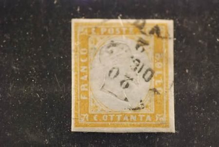 REGNO DI SARDEGNA - 1861, 80 c. giallo arancio scuro (17C). (Sorani).(USATO)