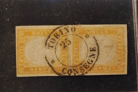 REGNO DI SARDEGNA - 1861, 80 c. giallo arancio (17C) in coppia verticale ben...