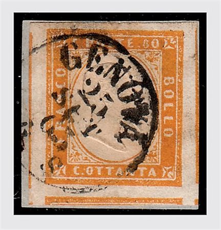 REGNO DI SARDEGNA - 1863, 80 c. arancio carico (17D) con grandi margini e...