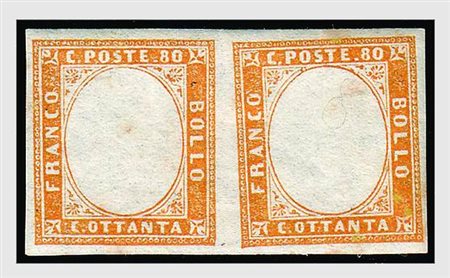REGNO DI SARDEGNA - 80 c.giallo (17Da) coppia senza effigie nuova con gomma...
