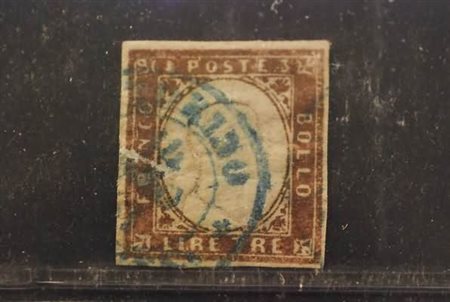 REGNO DI SARDEGNA - 1861, 3 lire rame (18), riparato, annullo azzurro di...