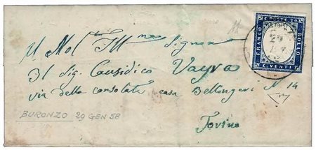 REGNO DI SARDEGNA ANNULLAMENTI - 1858, BURONZO (p.12) su 20 cent.azzurro...