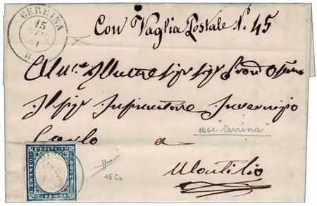 REGNO DI SARDEGNA ANNULLAMENTI - 1861, CERRINA (p.R2) su 20 c.azzurro grigio...