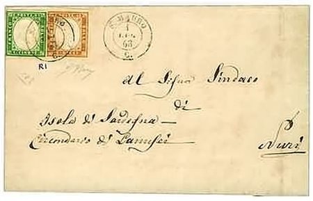 REGNO DI SARDEGNA ANNULLAMENTI - 1863, S.MAURO (p.R1) su 5 c.(13Ea) + 10...