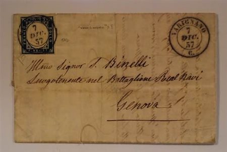 REGNO DI SARDEGNA ANNULLAMENTI - 1857, VARIGNANO (p.8) su 20 c. indaco (15Ab)...
