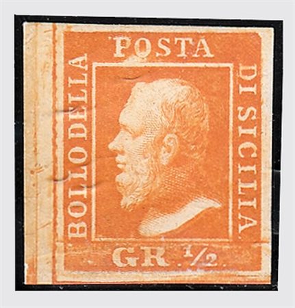 SICILIA - 1859, 1/2 gr. arancio I tavola (1) gomma integra e bordo a...