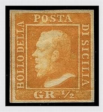 SICILIA - 1859, 1/2 gr. arancio (1). (Cert. R. Diena).(GOMMA ORIGINALE)