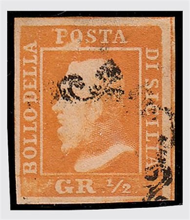 SICILIA - 1859, 1/2 gr. arancio, I tavola, carta di Napoli (1a) posizione...