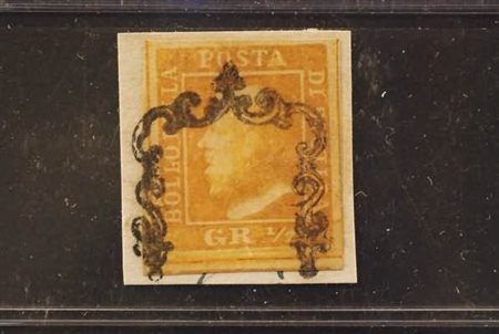SICILIA - 1859, 1/2 gr. arancio I tavola (1a) su minimo frammento. (Cert. R....