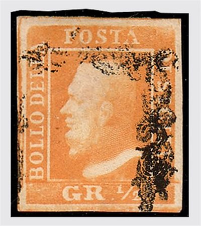 SICILIA - 1859, 1/2 grano giallo chiaro, I tavola, carta di Napoli (1d) ben...