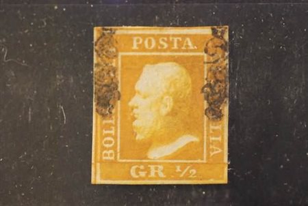 SICILIA - 1859, 1/2 gr. II tavola arancio (2). Piega orizzontale stirata, ben...