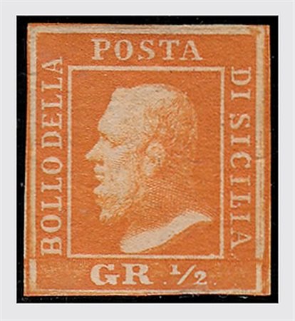 SICILIA - 1859, 1/2 grano arancio, II tavola, carta di Napoli (2a) molto ben...