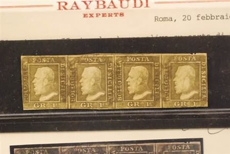 SICILIA - 1859, 1 gr. II tavola bruno oliva (4b) striscia orizzontale di 4,...