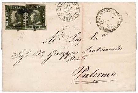 SICILIA - 1860, 1 gr. verde oliva scuro III tavola (5b) 2 esemplari su...