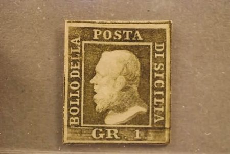 SICILIA - 1859, 1 gr. verde oliva, III tavola (5d). (Cert. R. Diena).(GOMMA...