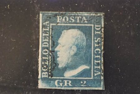 SICILIA - 1859, 2 gr. I tavola cobalto (6b) ritocco n. 78.(USATO)