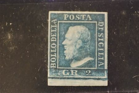 SICILIA - 1859, 2 gr.azzurro chiaro, III tavola (8) bordo di foglio in basso,...