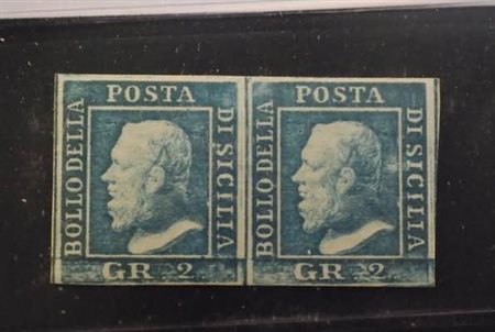 SICILIA - 1859, 2 gr. azzurro chiaro III tavola (8) coppia, posizioni ni....