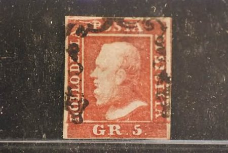 SICILIA - 1859, 5 gr. I tavola rosa carminio (9) ritocco n. 5. (A. Diena....