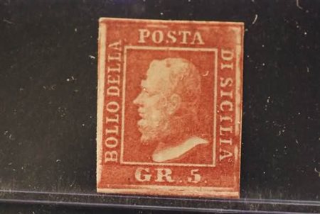 SICILIA - 1859, 5 gr. carminio, I tavola (9a) pos.n.99, fresco di colore. (A....