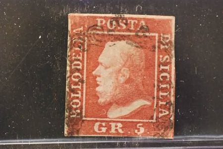 SICILIA - 1859, 5 gr. carminio, I tavola (9a) bene annullato. (Em.Diena).(USATO)