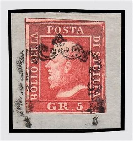 SICILIA - 1859, 5 gr. carminio, I tavola (9a) posizione n.85, su piccolo...