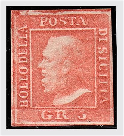 SICILIA - 1859, 5 grana vermiglio , I tavola (10a) posizione n.6, fresco e...