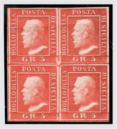 SICILIA - 1859, 5 gr.vermiglio II tavola (11) in blocco di quattro occupante...