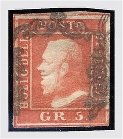 SICILIA - 1859, 5 gr. vermiglio II tavola (11), grinza orizzontale, di...