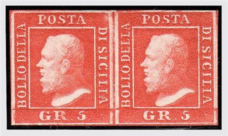 SICILIA - 1859, 5 gr.vermiglio vivo, II tavola (11a) posizione 64-65, coppia...
