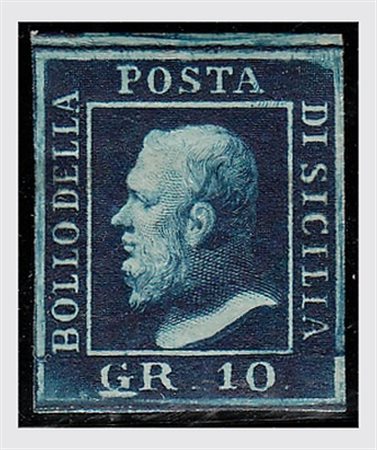 SICILIA - 1859, 10 gr. azzurro cupo (12) pos. 3, gomma integra. (Cert....