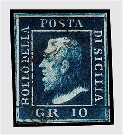 SICILIA - 1859, 10 gr. azzurro cupo (12), molto bello. (Cert.Sottoriva).(USATO)